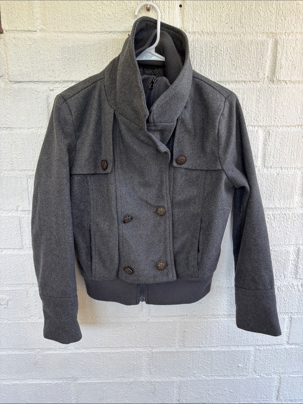 Love Mai Wool Women's Double-Breasted Charcoal Bomber Jacket sz M